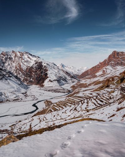 A  beautiful scenery of hills covered with snow in Winter Spiti